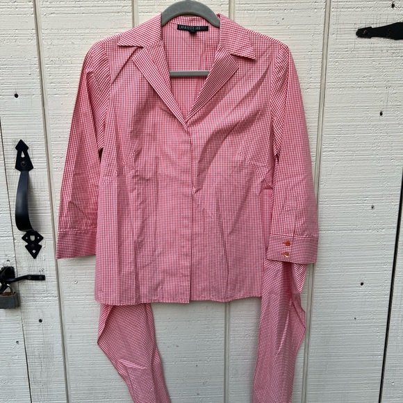 Lafayette 148 Blouse Women 4 Orange Gingham Wrap 3/4 Sleeve Summer Old Money - Picture 3 of 9